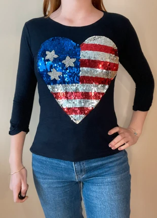 t-shirt 3/4 bleu marine avec coeur strass USA, merk: Cache Cache, staat: Nieuw zonder prijskaartje, maat: 10 jaar / 140 cm, € 2,50, € 3,33 inclusief Kopersbescherming