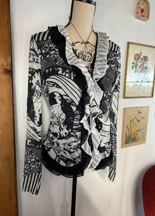 Top en tulle à motif vintage et froufrou noir et blanc y2k, merk: COQUETTE, staat: Heel goed, maat: XL / 42 / 14, € 15,00, € 16,45 inclusief Kopersbescherming Pro