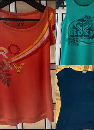 3 camisolas Roxy (QuickSilver) vintage 1 tshirt 1 regata, caqui preta e verde mar, L/M, marca: Roxy, estado: Muito bom, tamanho: L / 40 / 12, €5.00, €5.95 inclui Proteção do Comprador