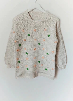 Camisola branco creme verde rosa bordado motivo floral quadrados 90s vintage, marca: Vintage Dressing, estado: Muito bom, tamanho: M / 38 / 10, €6.00, €7.00 inclui Proteção do Comprador