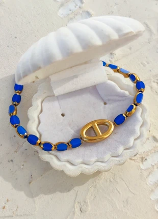 Bracelet à perles bleues et dorées et pendentif maille marine - Acier inoxydable, brand: Tendance, condition: Very good, €11.00, €12.25 includes Buyer Protection Pro