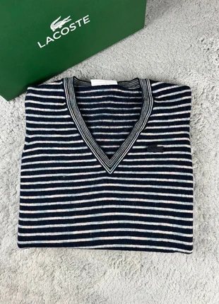 Pull laine Lacoste à rayure / col V / noir et blanc logo noir / taille 38, brand: Lacoste, condition: Good, size: XS / 34 / 6, €20.00, €21.70 includes Buyer Protection