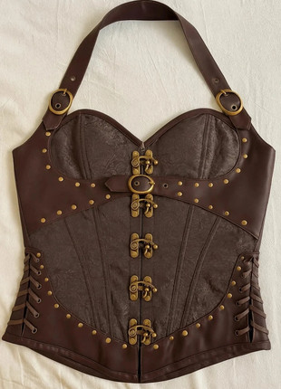 Corset steampunk brun foncé - façon Cuir & boucles laiton, marque: Néantya, état: Très bon état, taille: S / 36 / 8, 55,99 €, 59,49 € Protection acheteurs incluse