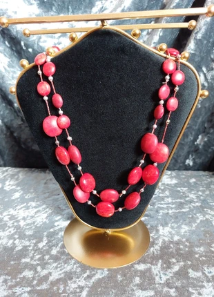 Red Statement Necklace - Double Layer Beaded Jewellery - Vintage Style Boho Accessory, condition: Good, €3.50, €4.38 includes Buyer Protection