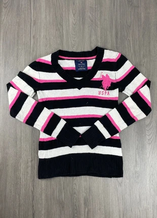 Pull col V à rayures rose, noire et blanche U.S. Polo ASSN. femme / Taille XS, merk: U.S. Polo Assn., staat: Heel goed, maat: XS / 34 / 6, € 8,00, € 9,10 inclusief Kopersbescherming