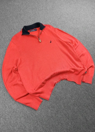 Pull / Sweat à Col 1/4 Zip "Nautica" Vintage 90s en Maille Rouge Clair à Logo Brodé 100% Coton (M), marke: Nautica, zustand: Sehr gut, größe: M, 19,00 €, 20,65 € beinhaltet Vinted-Käuferschutz Pro