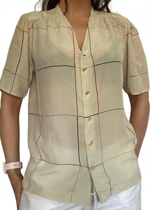 Vintage silk cream & multicoloured checked short sleeved shirt medium, brand: Vintage, condition: Satisfactory, size: M / 10, £1.00, £1.75 includes Buyer Protection Pro