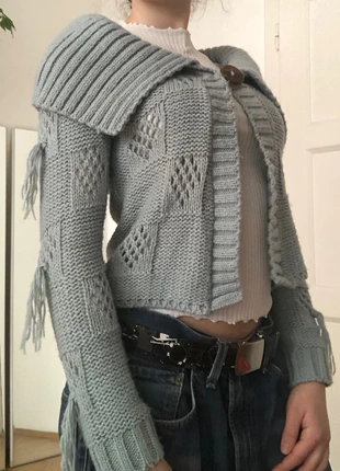 vintage y2k cozy woolblend light blue turquoise knit cardigan sweater vest with fringe detailing, marque: woolblend knit cardigan, état: Bon état, taille: S / 36 / 8, 35,00 €, 37,45 € Protection acheteurs incluse