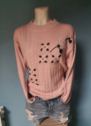 Maglione rosa pastello con ricamo floreale vintage 80s femme pullover laine, merk: Lana, staat: Heel goed, maat: M / 38 / 10, € 10,00, € 11,20 inclusief Kopersbescherming
