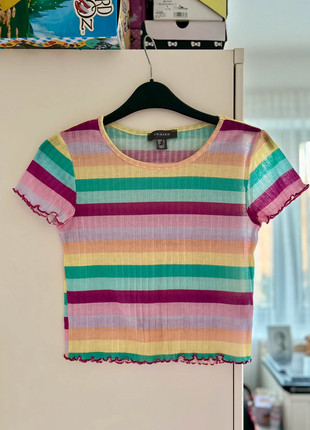 Primark Rainbow Stripe Ribbed Mesh Lettuce Hem T-Shirt, brand: Primark, condition: New without tags, size: M / 10, £1.50, £2.28 includes Buyer Protection