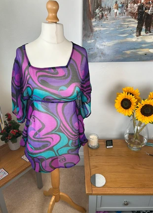 Vintage 2000s Psychedelic Sheer Butterfly Sleeve Cover Up – Long Tall Sally UK 10, brand: Long Tall Sally, condition: Very good, size: M / 10, £10.00, £11.20 includes Buyer Protection