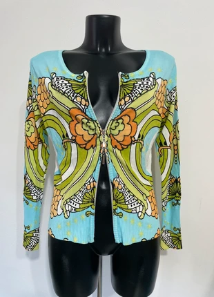 cardigan in viscosa fantasia psichedelica azzurra con perline e paillettes, marca: Vintage Dressing, estado: Muito bom, tamanho: S / 36 / 8, €23.00, €24.85 inclui Proteção do Comprador