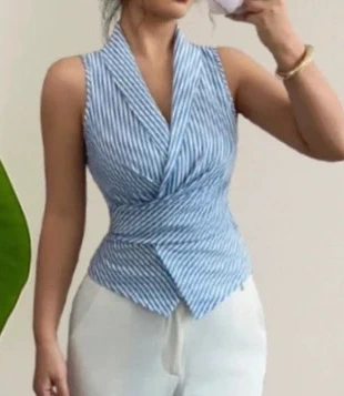 Débardeur chemise rayée sans manches – Old Money / Vintage Chic & Summer Vibes | Taille M, merk: Aesthetic, staat: Nieuw met prijskaartje, maat: M / 38 / 10, € 24,90, € 26,85 inclusief Kopersbescherming