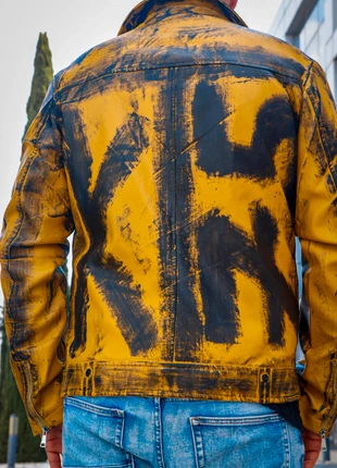 Distressed Yellow Biker Grunge Art Vintage Printed Jacket boxy fit techno punk style 00's, merk: Vintage Dressing, staat: Heel goed, maat: XXL, € 38,00, € 40,60 inclusief Kopersbescherming Pro