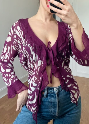 Y2K vintage-style purple tie-front ruffle cardigan linen blend – size 12 (fits 8–12), brand: Vintage, condition: Very good, size: L / UK 16-18, £9.00, £10.15 includes Buyer Protection