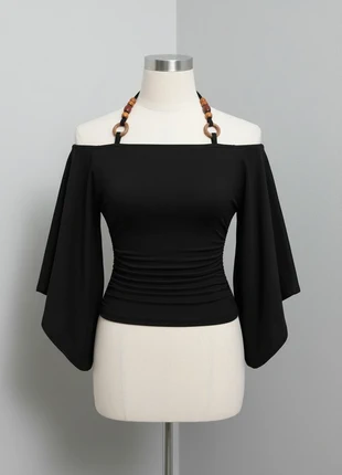 T-shirt Y2K boho femme à épaules dénudées et perles, marke: LOOK, zustand: Sehr gut, größe: L / 40 / 12, 38,90 €, 41,55 € inklusive Vinted-Käuferschutz