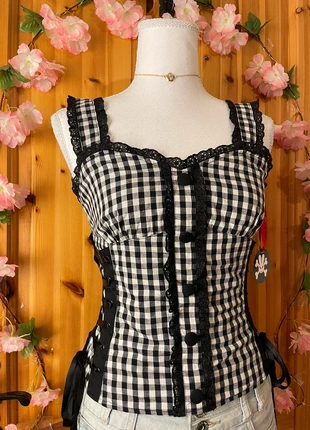 Hell Bunny Corset Style Top | Gingham | Lace Trim | Ribbon Tie Sides | 528., brand: Hell Bunny, condition: New with tags, size: S / 36 / 8, €50.00, €53.20 includes Buyer Protection