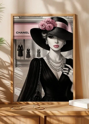 Affiche Poster – Élégance Féminine au Chapeau Noir & Roses Roses – A3 (29,7 x 42 cm), brand: Vintage Chic, condition: Very good, €10.00, €11.20 includes Buyer Protection