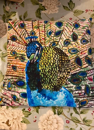 Peacock cushion by The Wonky Artist, brand: The Wonky Artist, condition: Very good, size: 40 x 40 cm, £12.00, £13.30 includes Buyer Protection