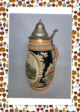 Ancienne chope à bière allemande vintage avec couvercle en étain - Décor relief, marca: Ancienne chope à bière allemande vintage, estado: Muito bom, €12.00, €13.30 inclui Proteção do Comprador
