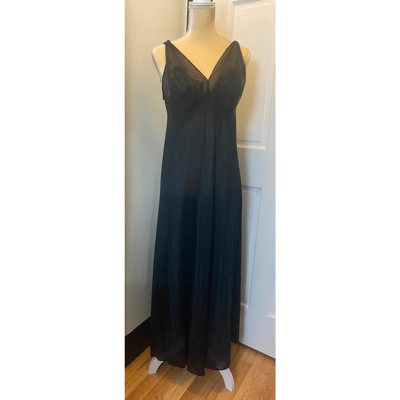 Vintage 50s 60s Van Roalte Nightgown Slip Dress Black Nylon Size 38