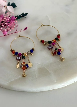 Boucles d’oreilles créoles dorées charms perles colorées, cœurs, œil grec - Acier Inoxydable, marque: Boutique Parisienne, état: Très bon état, 19,00 €, 20,65 € Protection acheteurs (Pro) incluse