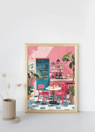 Cafe Wall Art Print A3 – Pink Coffee Shop Scene, Aesthetic Poster, brand: Art, condition: New without tags, £9.50, £10.68 includes Buyer Protection