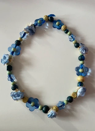 Collier sautoir perle bois acrylique fleur tissu, marque: Fait Main, état: Bon état, 4,00 €, 4,90 € Protection acheteurs incluse