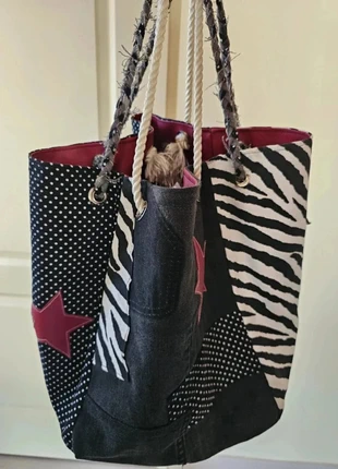 Sac cabas unique fait main – Patchwork denim, zèbre & pois – Style vintage original, merk: Vintage, staat: Nieuw zonder prijskaartje, € 50,00, € 53,20 inclusief Kopersbescherming