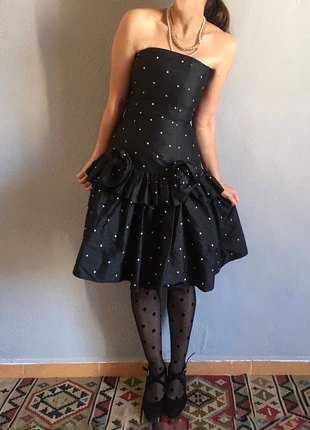 Vintage 80s Pronovias strapless black party dress, pure silk taffeta corset bodice, merk: Pronovias, staat: Heel goed, maat: S / 36 / 8, € 155,00, € 163,45 inclusief Kopersbescherming