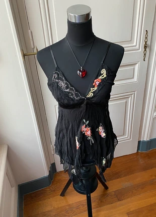 Top cami asymétrique noir à paillettes / sequin dentelle et mousseline - y2k Ibiza, merk: Vintage Dressing, staat: Nieuw met prijskaartje, maat: L / 40 / 12, € 15,00, € 16,45 inclusief Kopersbescherming