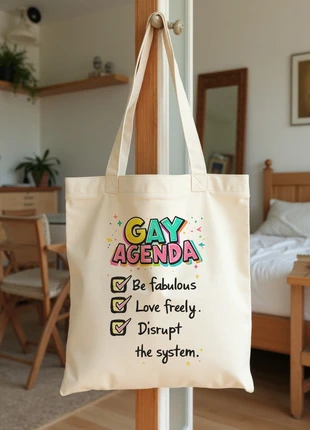 Bolsa de tela LGTBQ "Gay agenda". Tote bag sac unisex de algodón., marca: Friki Factoría, estado: Muy bueno, 6,95 €, 8,00 € Protección al comprador Pro incluida