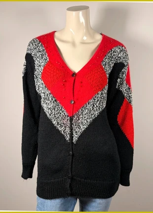 Cardigan Vango vintage, rouge et noir, motif graphique rétro, style chic affirmé 🔥, marca: Vintage Dressing, estado: Muito bom, tamanho: XL / 42 / 14, €26.00, €28.00 inclui Proteção do Comprador