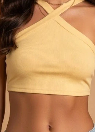 Crop Top Jaune Soleil XL Shein - Col Croisé Dos Nu Halter - Côtelé & Tendance - Shein - XL, marke: Shein, zustand: Neu, größe: XL / 42 / 14, 4,00 €, 4,90 € inklusive Vinted-Käuferschutz