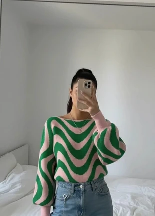 Pull Tendance à Vagues Vert et Rose Style 70s, marque: groove>>e, état: Très bon état, taille: S / 36 / 8, 32,00 €, 34,30 € Protection acheteurs (Pro) incluse