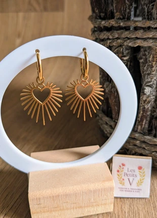 M8-12/ boucles d'oreilles dorées acier inoxydable pampilles cœur soleil tendance, condition: Very good, €6.90, €7.95 includes Buyer Protection Pro