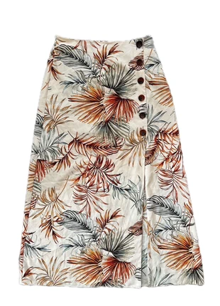 Boho tropical palm print high waist maxi skirt with buttons and slit, merk: Boho Chic, staat: Heel goed, maat: M / 38 / 10, € 14,00, € 15,40 inclusief Kopersbescherming