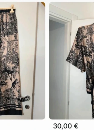 Coordinato Tropical Chic – Kimono + Pantalone palazzo in raso satin effetto seta, marke: unisexy, zustand: Neu, mit Etikett, größe: M / 38 / 10, 50,00 €, 53,20 € inklusive Vinted-Käuferschutz