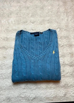 Pull col en V cableknit torsade Ralph Lauren couleur bleu logo jaune  taille XL en très bon état, marca: Ralph Lauren, estado: Muy bueno, tamaño: XL / 42 / 14, 37,50 €, 40,08 € Protección al comprador incluida