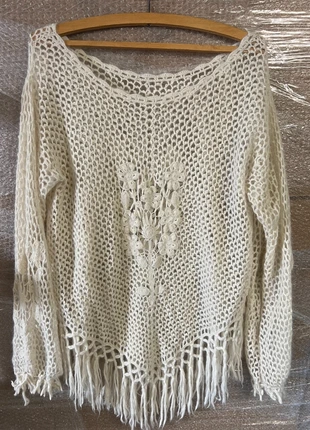 Azurowy sweter damski z ozdobnymi koralikami i fredzlami, marque: Sonstiges, état: Très bon état, taille: XL / 42 / 14, 12,00 €, 13,30 € Protection acheteurs incluse