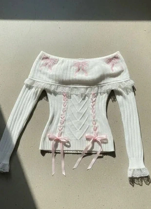 Pull blanc avec nœuds roses et dentelle - Romantique-Hiver, marque: white.lotus, état: Très bon état, taille: M / 38 / 10, 64,99 €, 68,94 € Protection acheteurs incluse