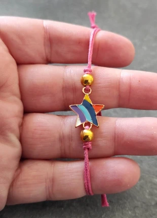 Bracelet réglable cordon rose f perles dorées conn étoile multi, condition: Very good, €1.00, €1.75 includes Buyer Protection