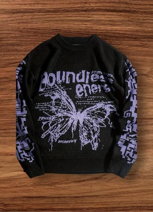 Knit Mirage "Boundless Energy" Pull Graphique Oversize Vintage 90s Noir & Violet, marque: Vintage Dressing, état: Très bon état, taille: M, 65,00 €, 68,95 € Protection acheteurs (Pro) incluse