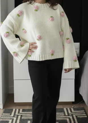 Pull blanc à fleurs en relief roses – style doux et romantique – Taille S, marque: parata, état: Très bon état, taille: S / 36 / 8, 78,90 €, 83,55 € Protection acheteurs incluse