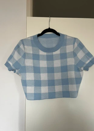 Cute cropped top Vinokilo L lichtblauw checkered gebreid blue pastel, marque: Vintage, état: Très bon état, taille: M / 38 / 10, 10,00 €, 11,20 € Protection acheteurs incluse