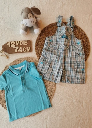 Ensemble salopette courte, ouverture totale et polo 👣 12 mois, différentes nuance de bleus, condition: Very good, size: 9-12 months / 74 cm, €3.75, €4.64 includes Buyer Protection Pro