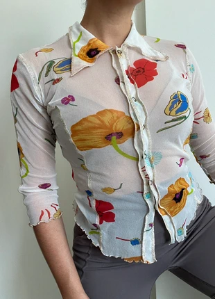 Chemise en mesh blanche 3/4 fleurs coquelicot vintage y2k, brand: Vintage, condition: Very good, size: S / 36 / 8, €24.00, €25.90 includes Buyer Protection