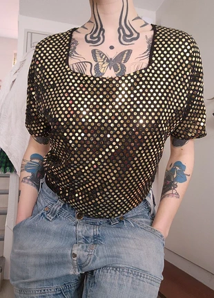 T-shirt sequin fête doré, marque: Vintage, état: Très bon état, taille: M / 38 / 10, 5,00 €, 5,95 € Protection acheteurs incluse