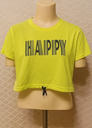 T-shirt crop gialla fluorescente - con scritta Happy - sportiva, marca: my jewels scent of a woman, estado: Muito bom, tamanho: L / 40 / 12, €5.99, €6.99 inclui Proteção do Comprador