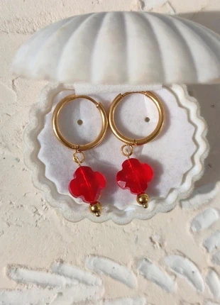 Créoles dorées à pendentifs trèfles rouges à facettes en verre - Acier inoxydable, brand: Tendance, condition: Very good, €10.00, €11.20 includes Buyer Protection Pro